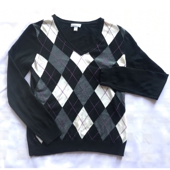 Charter Club Sweaters - Charter Club Womans Black White Purple Gray Diamond Pattern Argyle Sweater